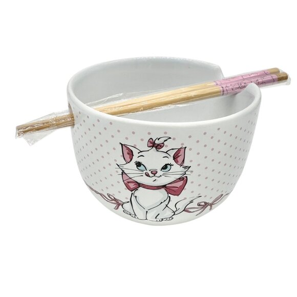 Disney Marie Aristocats Ceramic Ramen Bowl and Chopsticks Set White Pink Dots - Picture 2 of 10